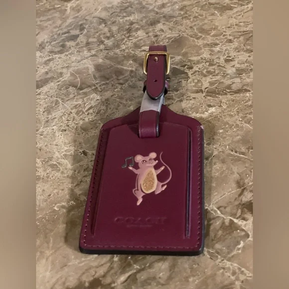 COACH NWOT Burgundy Leather Dancing Mouse Luggage Tag Bag Charm Sparkle Accents - Picture 1 of 13